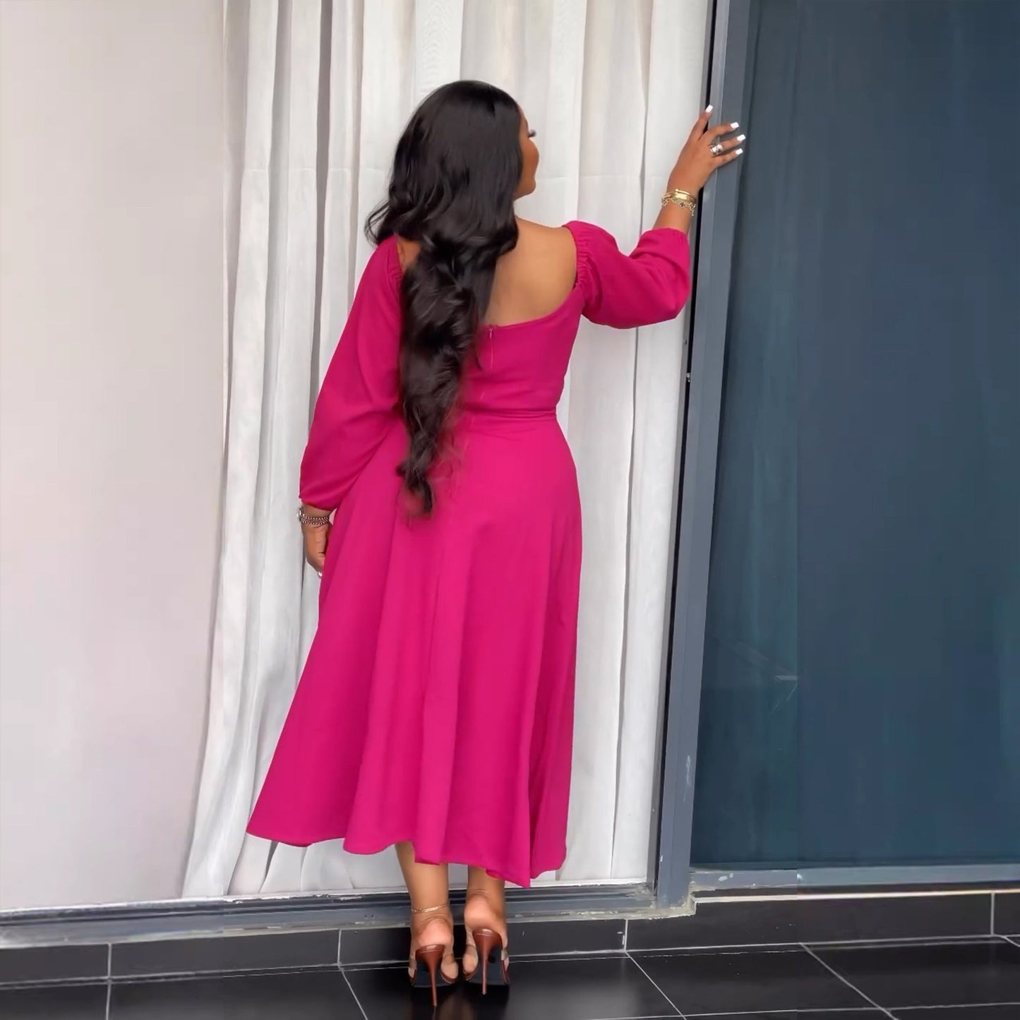 Off-the-shoulder Square Neck Hem Dress