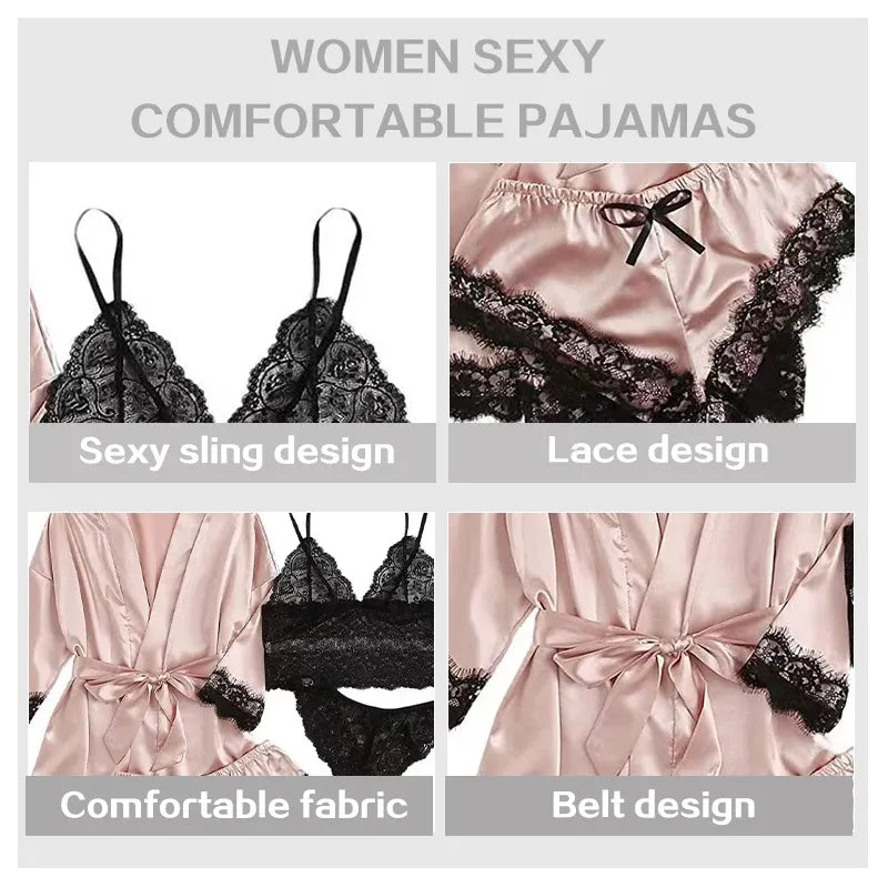 4 Pcs/Set Lace Satin Shawl Pajamas