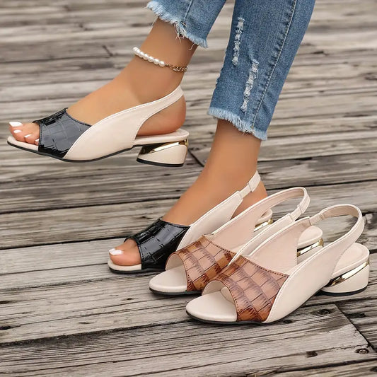 Two-Tone Checkered Chunky Heel Sandals